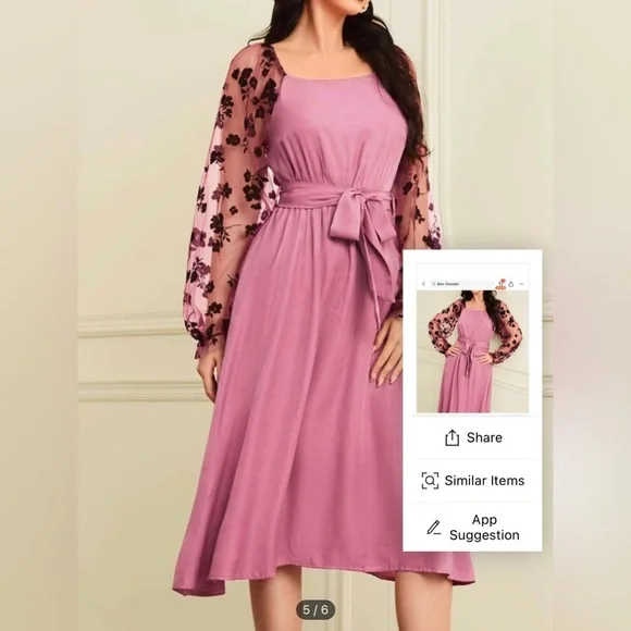 Brand New Floral Print Mesh Bishop Sleeve Belted Dress - Picture 6 of 6